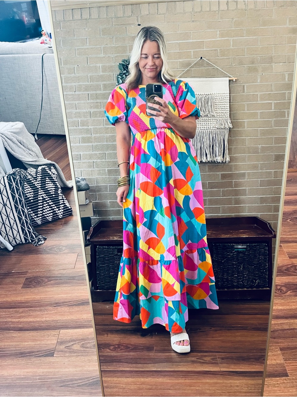 Peach Love California Multicolor Geometric Puff-Sleeve Dress
